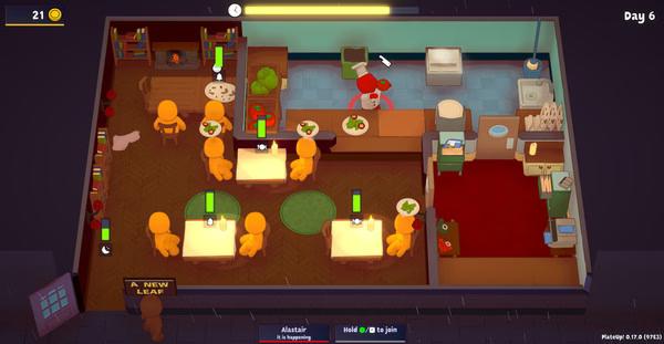 PlateUp! screenshot: Overhead view of a busy restaurant with customers dining and a chef preparing meals in the kitchen.