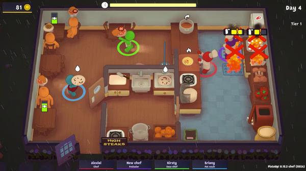 PlateUp! screenshot showing chefs cooking in a busy kitchen with customers waiting at tables.