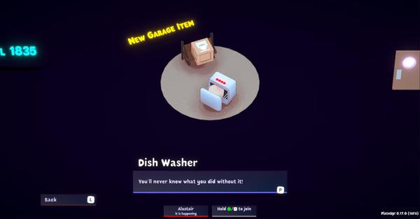 Screenshot from PlateUp! showing a new garage item: a dishwasher. The text reads, "You'll never know what you did without it!"