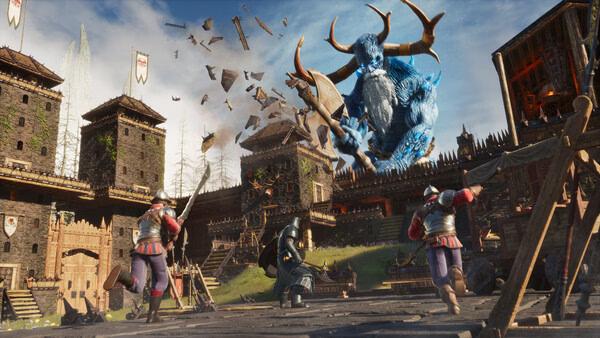 Screenshot from Conan Exiles Enhanced showing warriors battling a large, horned blue creature in a fortress setting.