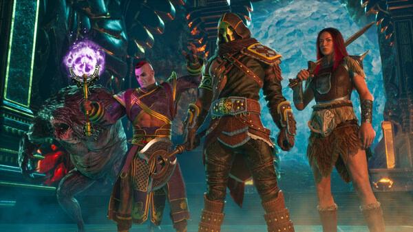 Screenshot from Conan Exiles Enhanced showing three armored characters and a creature in a mystical, glowing cave.