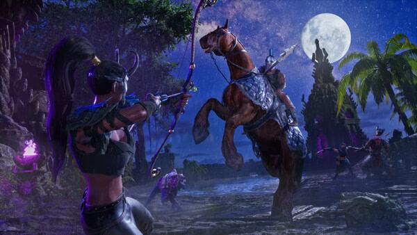 Screenshot from Conan Exiles Enhanced: A female warrior with a bow faces a rearing armored horse under a full moon.