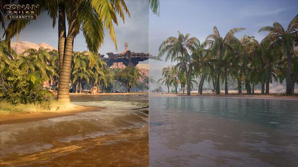 Screenshot from Conan Exiles Enhanced showing a tropical landscape with palm trees by the water under a clear sky.