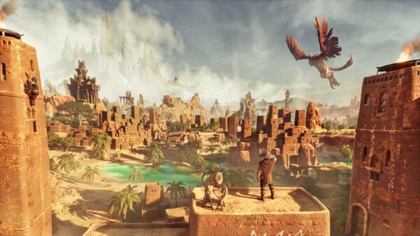 Screenshot of Conan Exiles Enhanced showing a desert fortress, a lush oasis, and a flying creature in a vast, scenic landscape.