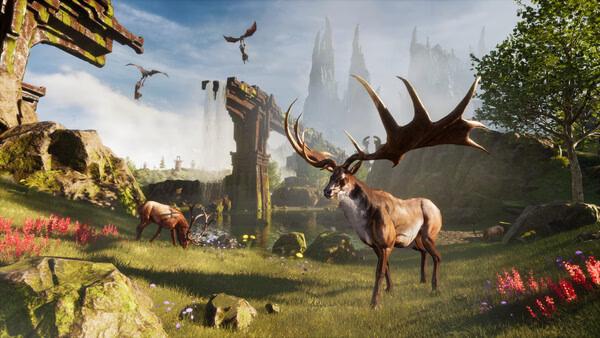 A lush landscape in a Conan Exiles Enhanced screenshot, featuring majestic elk grazing near ruins and a waterfall.