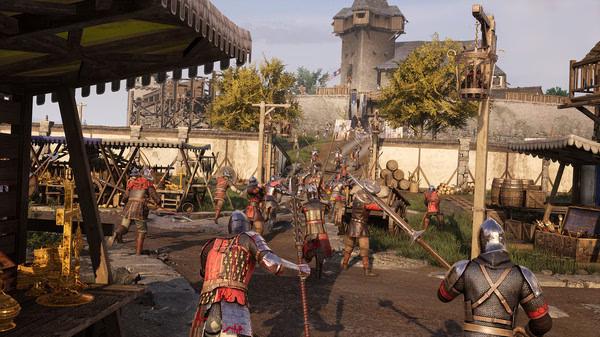 Chivalry 2 screenshot: Knights in armor engage in battle near a marketplace with medieval structures in the background.