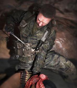 A Call of Duty: Black Ops screenshot showing a soldier in camo gear holding a knife, kneeling over another character in a red checkered scarf.