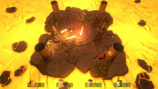 Pummel Party screenshot featuring players battling on a lava-themed arena surrounded by pillars and glowing hazards.