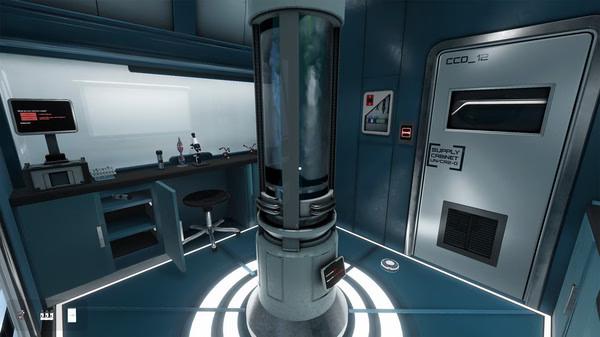 Escape Simulator screenshot showing a futuristic lab with a central cylindrical device, computer, and a door labeled "Supply Cabinet."