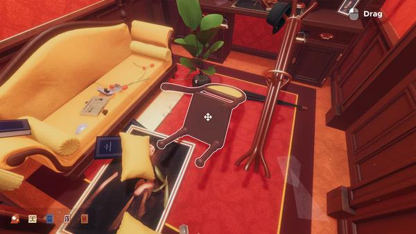 Screenshot from Escape Simulator showing a room with a yellow couch, a plant, and an outline on the floor for a puzzle.