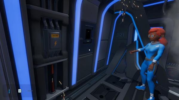 Escape Simulator screenshot: A player in a blue suit stands in a futuristic room with glowing panels and sparks near a damaged wall.