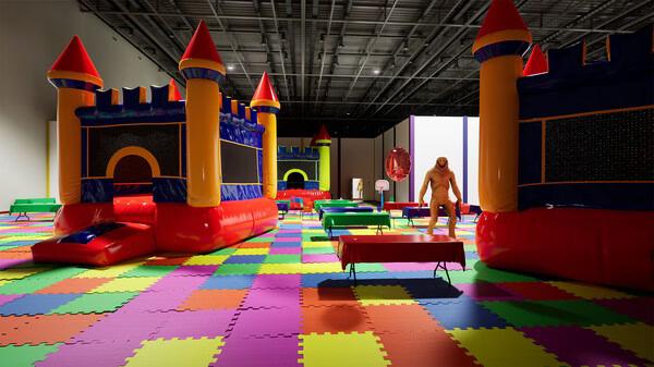 Screenshot from Backrooms: Escape Together shows an inflatable castle in a colorful playroom with a figure in a brown suit.