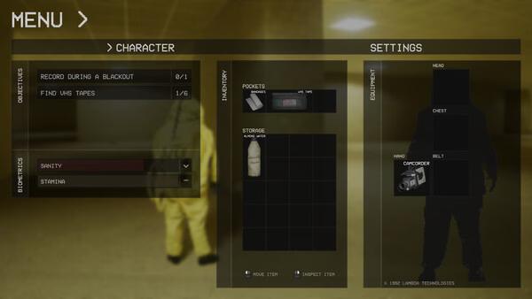 Screenshot from Backrooms: Escape Together showing a character menu with inventory, equipment, and character attributes.