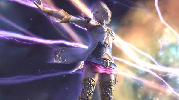 Screenshot from FINAL FANTASY XII THE ZODIAC AGE of a character casting magic with vibrant energy beams and a cosmic background.