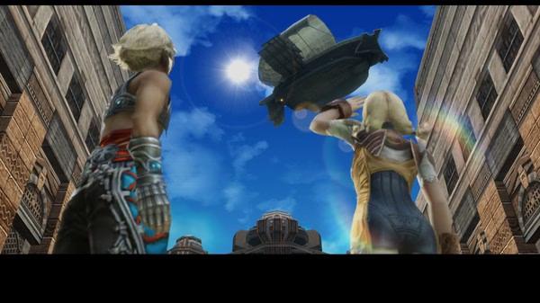 Screenshot from FINAL FANTASY XII THE ZODIAC AGE showing two characters looking at an airship flying in a bright blue sky.