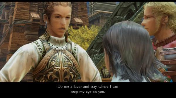 Screenshot from FINAL FANTASY XII THE ZODIAC AGE showing characters in conversation in a detailed, medieval-inspired city setting.