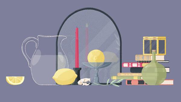A screenshot from 'A Little to the Left' shows a neatly arranged still life with lemons, books, and candles on a table.