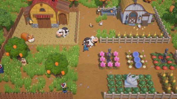 Screenshot from Coral Island showing a farm with cows, chickens, crops, and a barn under a sunny sky.