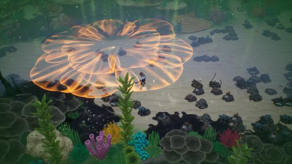 Coral Island screenshot: A diver explores an underwater area surrounded by colorful coral, plants, and glowing orange energy.