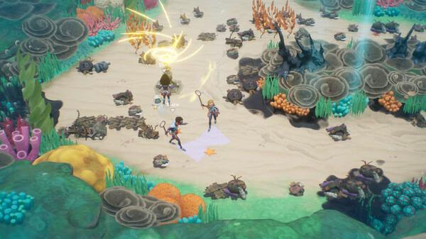 In the Coral Island screenshot, two characters use nets to catch crabs on a colorful, coral-filled beach.