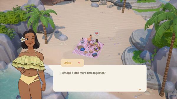 Screenshot from Coral Island showing a character named Nina on a beach, with a picnic scene in the background.