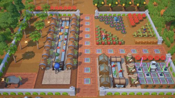 Screenshot of Coral Island showing a well-organized farm with crops, fruit trees, and various farming equipment neatly arranged.