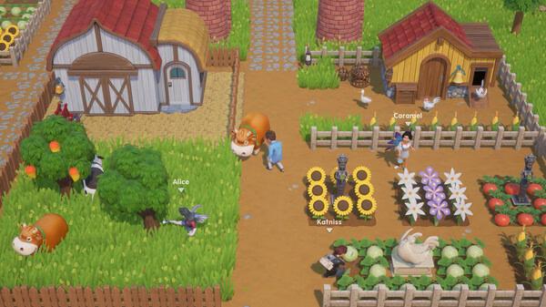 Coral Island screenshot: A farm scene with cows, chickens, crops, flowers, and named animals like Alice and Caramel in vibrant surroundings.
