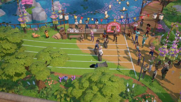 Coral Island screenshot: Characters participate in a sack race near a pond, surrounded by trees and spectators at a festival.