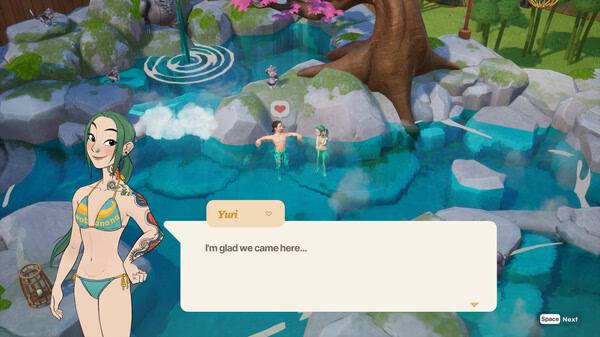 Screenshot of Coral Island showing Yuri in a swimsuit at a hot spring with two others. Dialogue reads, "I'm glad we came here..."