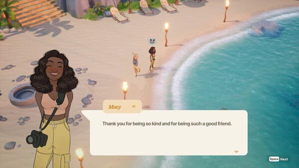 Coral Island screenshot: A player character talks to Macy on a sandy beach near the ocean, with dialogue about kindness and friendship.