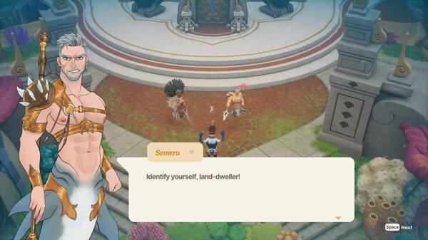 Coral Island screenshot: A character named Sernem confronts the player in front of an ornate structure, demanding identification.