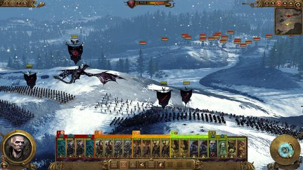 Total War: WARHAMMER screenshot showing armies clashing on a snowy battlefield, with a dragon flying above and unit cards visible below.