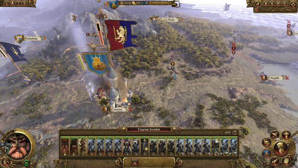 Screenshot from Total War: WARHAMMER showing a strategic map with armies, banners, and terrain details in a fantasy setting.