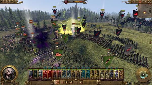 Battle scene in Total War: WARHAMMER screenshot, showing armies clashing with magic effects and unit banners in a forested area.