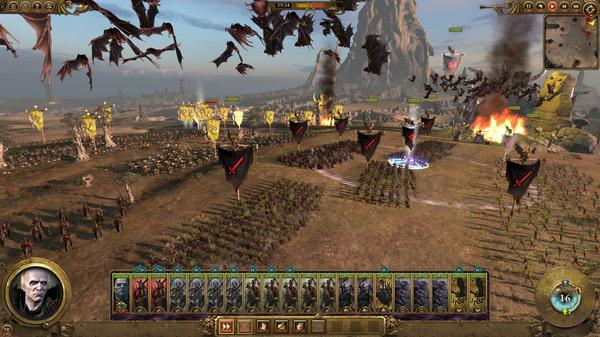 Total War: WARHAMMER screenshot showing an army of undead and bats in battle, with fiery explosions in the background.