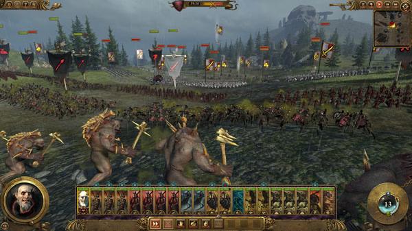Total War: WARHAMMER screenshot showing a battlefield with Chaos forces clashing against an army of skeletons and undead.