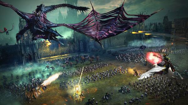 A Total War: WARHAMMER screenshot showing a battlefield with armies clashing, a dragon, and a mage casting spells from a flying mount.