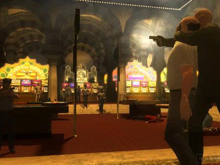 Hitman: Blood Money screenshot showing Agent 47 holding a man hostage in a casino with slot machines and guards in the background.