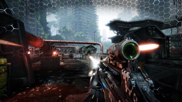 Crysis 3 Remastered screenshot: A player with a futuristic weapon aims at targets in a post-apocalyptic urban environment.