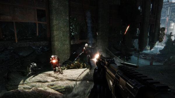 Crysis 3 Remastered screenshot: Player aims at armored enemies in a lush, overgrown environment with sunlight streaming through.