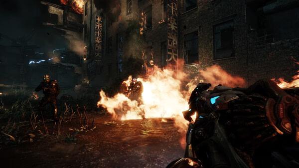 Crysis 3 Remastered screenshot: A futuristic weapon is fired at armored soldiers amidst flames and a war-torn city backdrop.