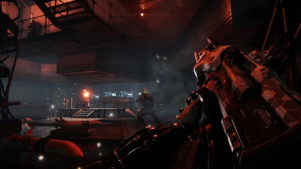 Crysis 3 Remastered screenshot: A first-person view shows a player aiming a weapon at an enemy in a dimly-lit, industrial setting.