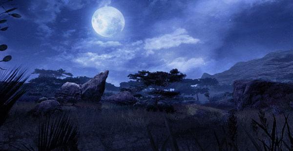 A screenshot from Far Cry 2 showing a moonlit savanna landscape with scattered trees, rocks, and distant hills under a cloudy night sky.