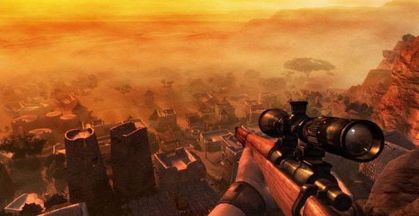 Far Cry 2 screenshot showing a sniper rifle aimed at a sunlit village surrounded by a vast desert landscape during sunset.