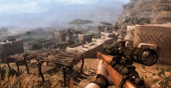 Far Cry 2 screenshot: A player aims a sniper rifle towards a rustic village surrounded by arid hills and sparse vegetation.