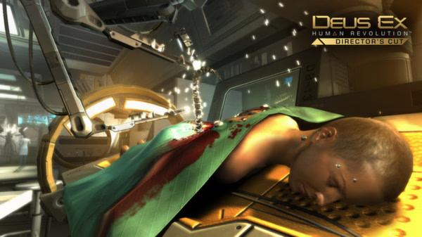 Screenshot from Deus Ex: Human Revolution Director's Cut showing a character undergoing cybernetic augmentation on a lab table.