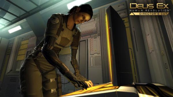 A screenshot from Deus Ex: Human Revolution Director's Cut shows a character interacting with a glowing computer console in a futuristic setting.