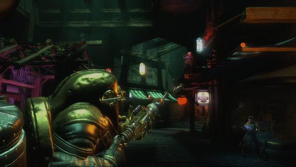 BioShock 2 screenshot: A Big Daddy aims a weapon in a neon-lit street as Splicers appear on a balcony and sidewalk.