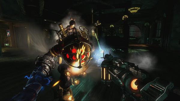 BioShock 2 screenshot: A player aims a weapon at a Big Daddy in a dark, atmospheric room, with glowing neon lights.