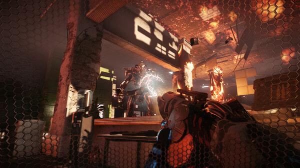 Screenshot from Crysis 2 Remastered showing a player character in combat, firing at an armored enemy inside a destructed building.